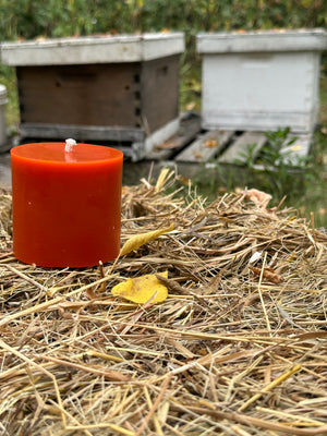 The pillar candle comes in a variety of colors, depending on the season.