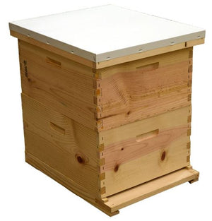 A new hive with two deep boxes, cover, and baseboard. Available for sale