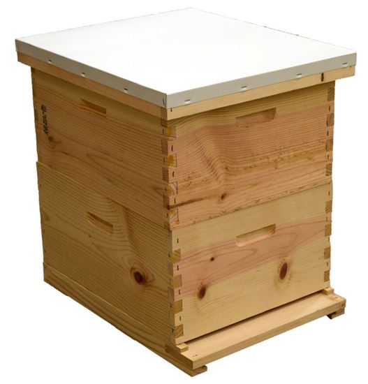 A new hive with two deep boxes, cover, and baseboard. Available for sale