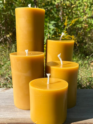 The pillar candle is made from Indiana beeswax. Comes in a 5 different sizes.