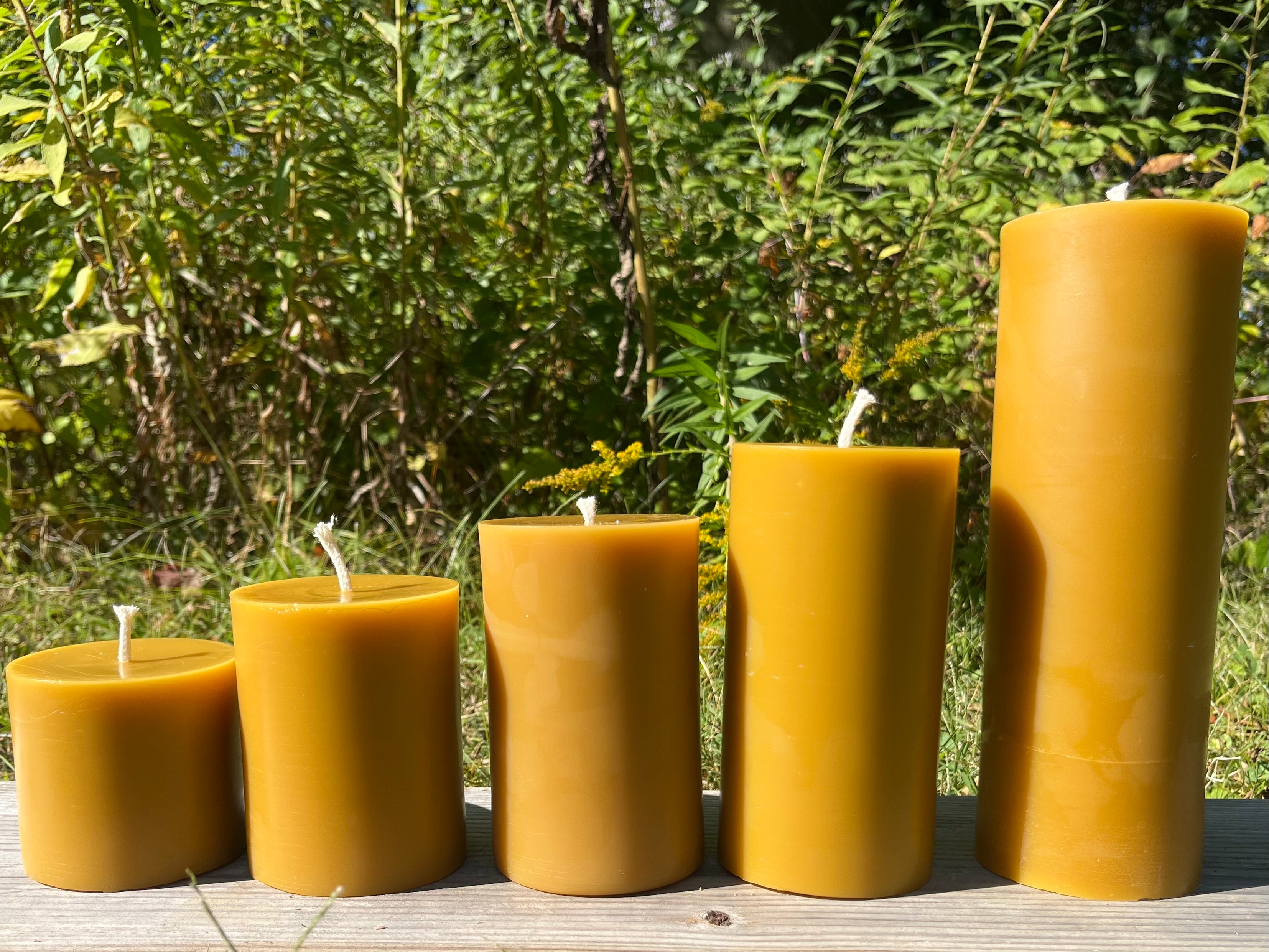 The pillar candle is available in 3 inch, 4 inch, 5 inch, 6 inch, and 9 inch sizes.