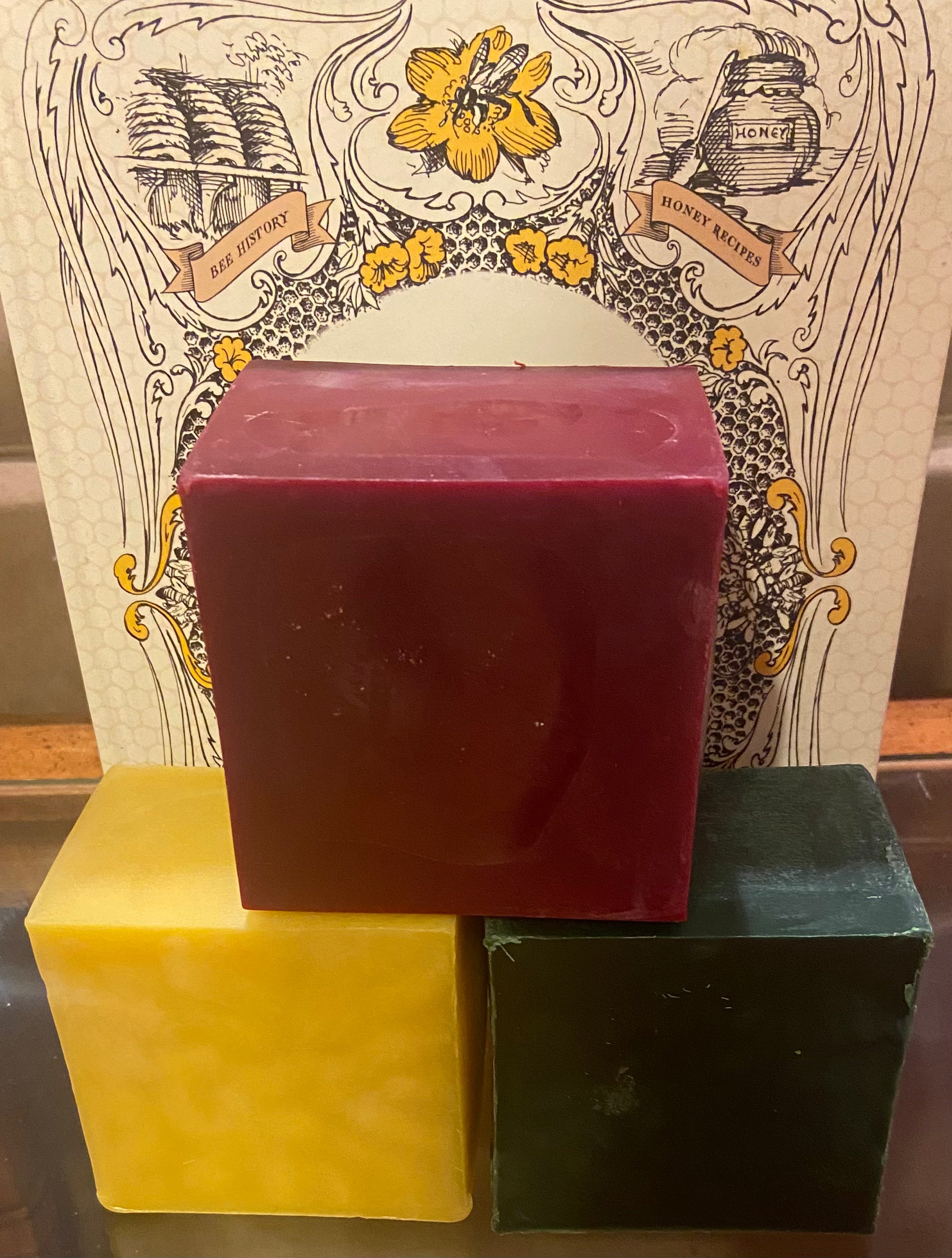 The beeswax is from Hardwood Honey hives and other beekeepers from Indiana. The color dye is compliant with California Prop 65.