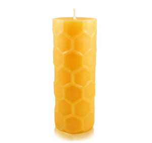 Another image of the honeycomb pillar candle offered by Hardwood Honey.