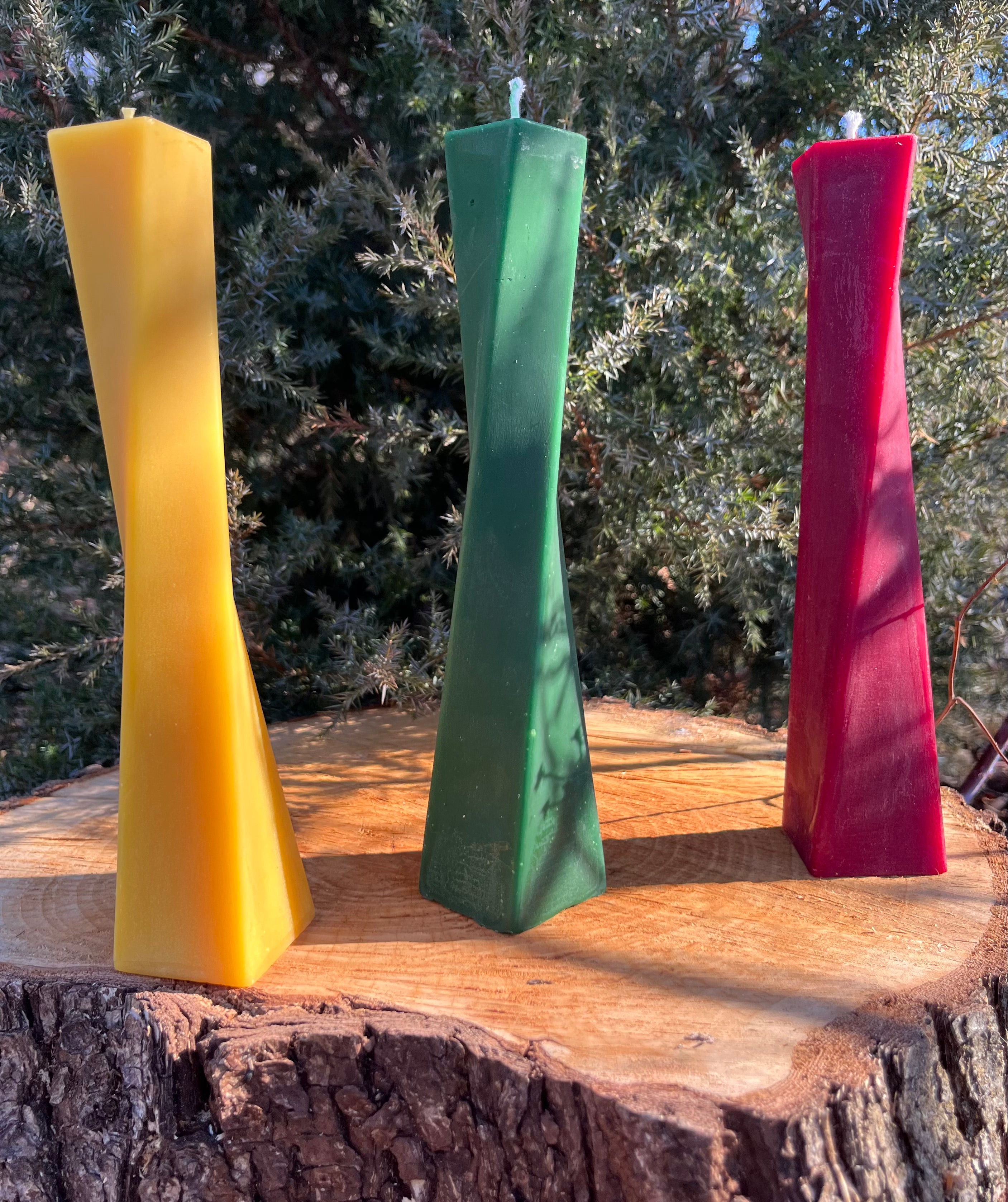 The evening dress beeswax candle has a color for every occasion. The red or the green evening dress make for a great centerpiece decoration.