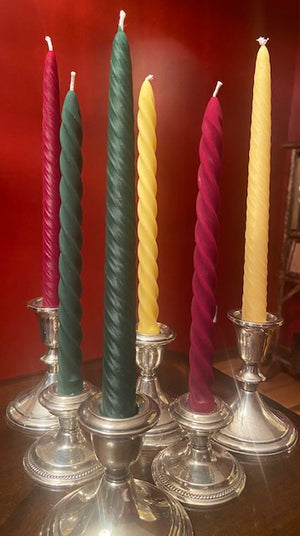The colors of Christmas, red, green, and natural are available. The spiral and the twist taper candles are so distinct.