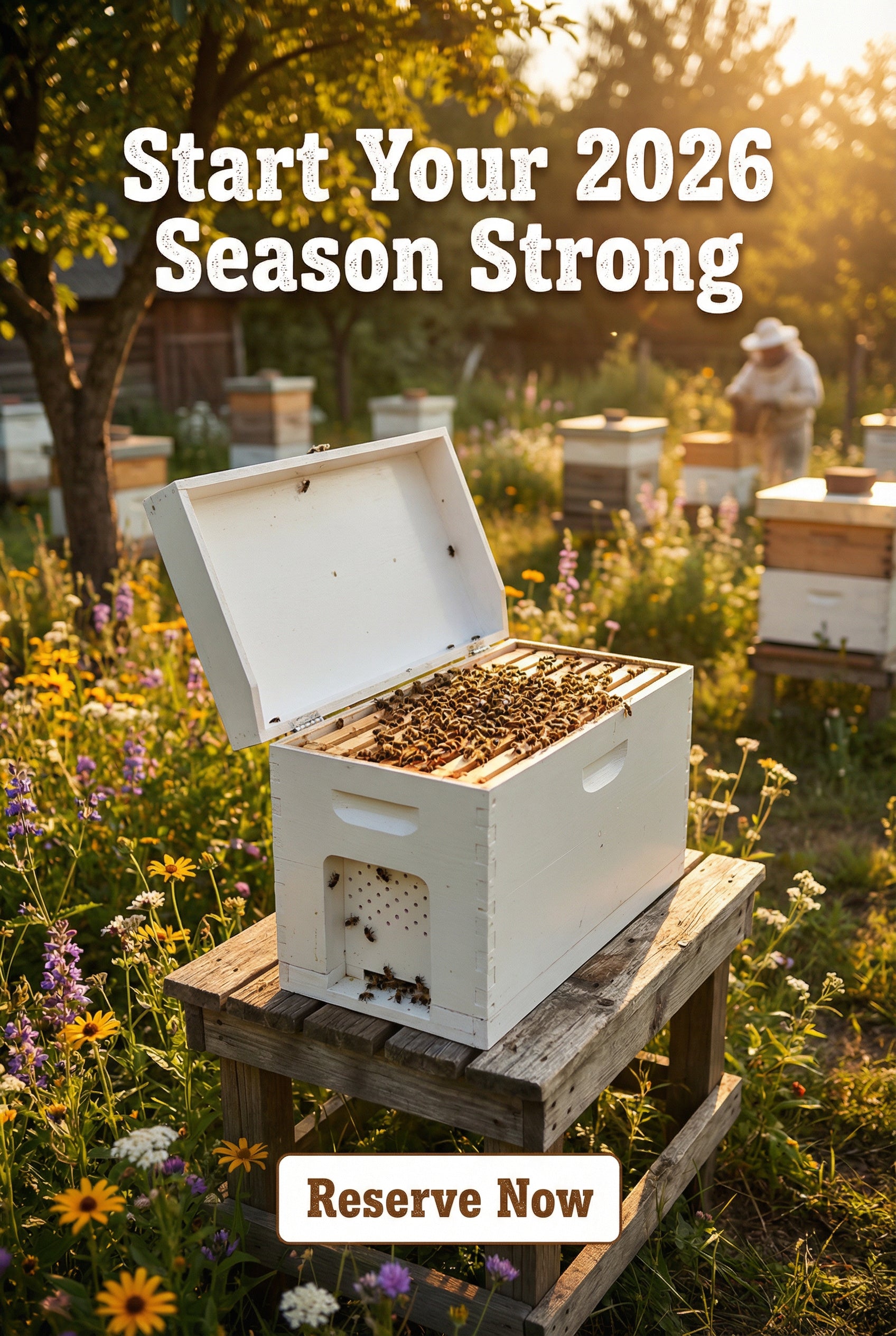 Hive box with bees in a field of flowers, with text promoting starting a 2026 season strong and a call to action to reserve now.