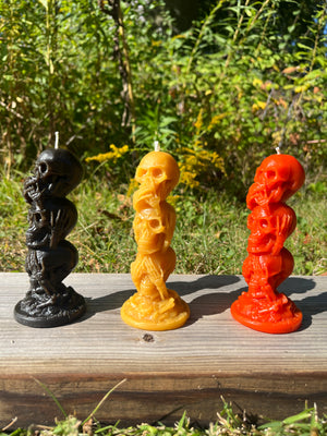 The three skeleton heads demonstrate the catchy phrase from Buddhism. The Halloween colors of black and orange will impress the trick-o-treaters. 