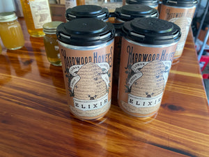 The Elixir from Hardwood Honey is brewed from natural ingredients. An eight oz. can of ginger, honey, lemon, sage, turmeric, and vanilla bean. 